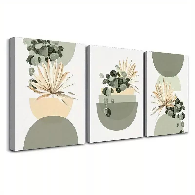 3pcs Modern Abstract Boho-Chic Sage Green Plant Wall Art Set Canvas Framed 40x60cm - High Quality Print 100% Australian Made Wall Canvas Ready to Hang