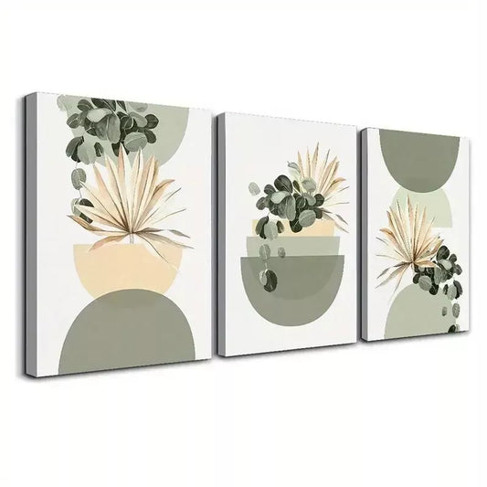 3pcs Modern Abstract Boho-Chic Sage Green Plant Wall Art Set Canvas Framed 40x60cm - High Quality Print 100% Australian Made Wall Canvas Ready to Hang