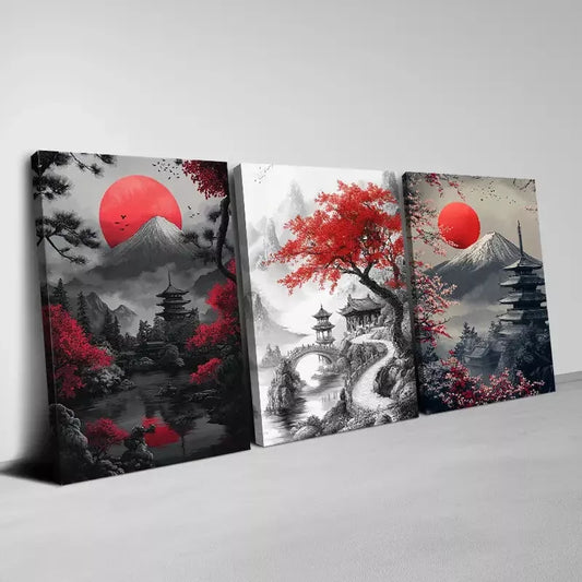 3pcs Japanese Scenery with Water And Mountains Wall Art Set Canvas Framed 40x60cm - High Quality Print 100% Australian Made Wall Canvas Ready to Hang