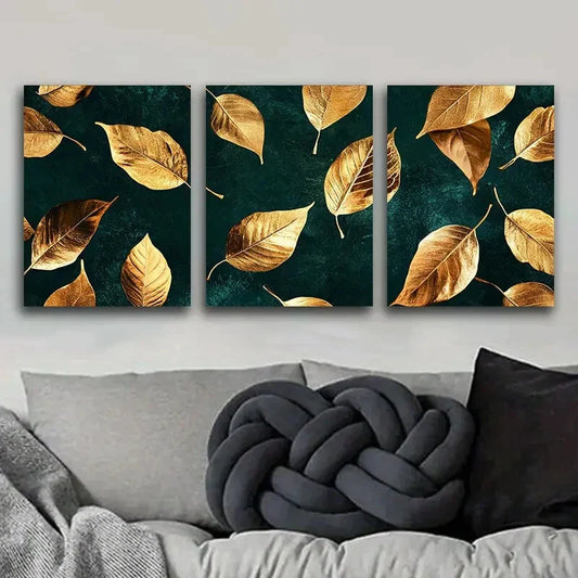 3pcs Dark Green Golden Leaves Design Wall Art Set Canvas Framed 40x60cm - High Quality Print 100% Australian Made Wall Canvas Ready to Hang