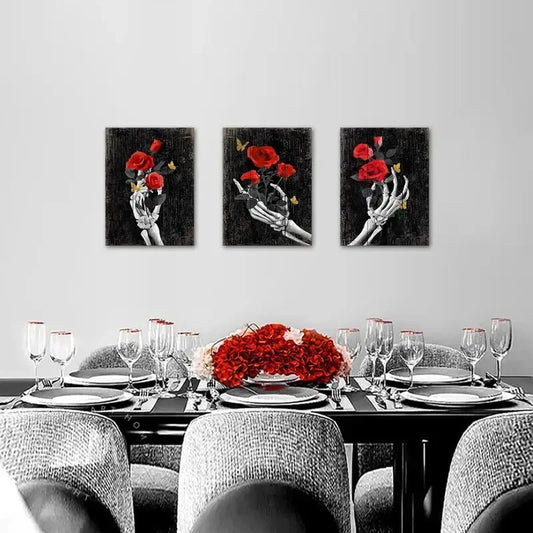 3pcs Gothic Skeleton with Red Roses Metal Print Ready to Hang Art