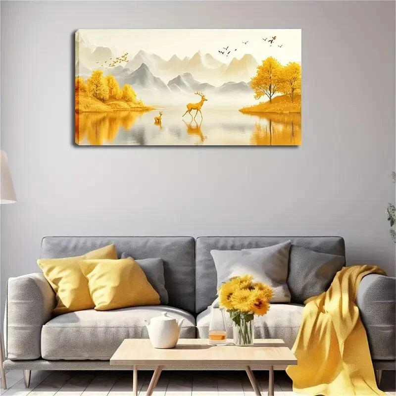 Golden Deer Cubs Lake Décor Wall Art Canvas Office Home Room Framed 120x60cm