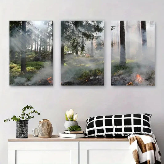 3pcs Forest Fire in Nature Smoky Forest Metal Print Ready to Hang Art