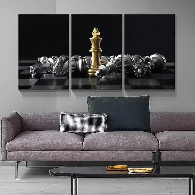 3pcs Golden King Chess Piece   Metal Print Ready to Hang Art