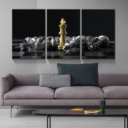 3pcs Golden King Chess Piece   Metal Print Ready to Hang Art