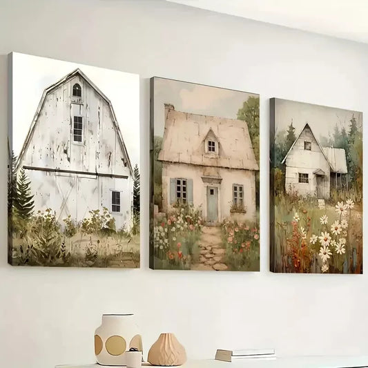 3pcs Vintage Farmhouse And Rural Architecture  Wall Art Set Canvas Framed 40x60cm - High Quality Print 100% Australian Made Wall Canvas Ready to Hang