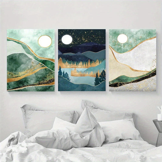 3pcs Golden Adorned Mountain Mist Metal Print Ready to Hang Art