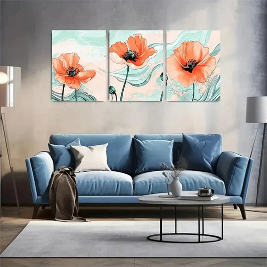 3pcs Modern Ink Sketch in Coral & Mint Metal Print Ready to Hang Art