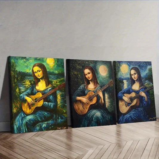 3pcs Mona Lisa Guitar Trio  Wall Art Set Canvas Framed 40x60cm - High Quality Print 100% Australian Made Wall Canvas Ready to Hang