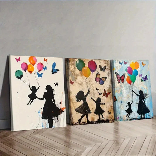 3pcs Little girl and butterfly balloon Wall Art Set Canvas Framed 40x60cm - High Quality Print 100% Australian Made Wall Canvas Ready to Hang