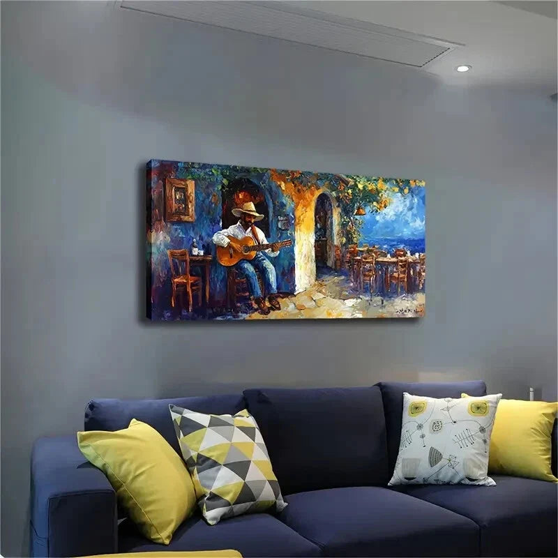 Man Playing The Guitar Cottage Wall Art Canvas Office Home Room Framed 120x60cm