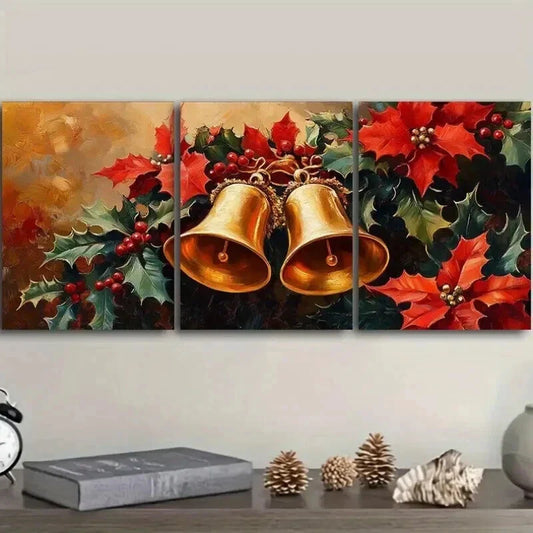 3pcs Golden Bell & Holly Christmas Decorations Wall Art Set Canvas Framed 40x60cm - High Quality Print 100% Australian Made Wall Canvas Ready to Hang