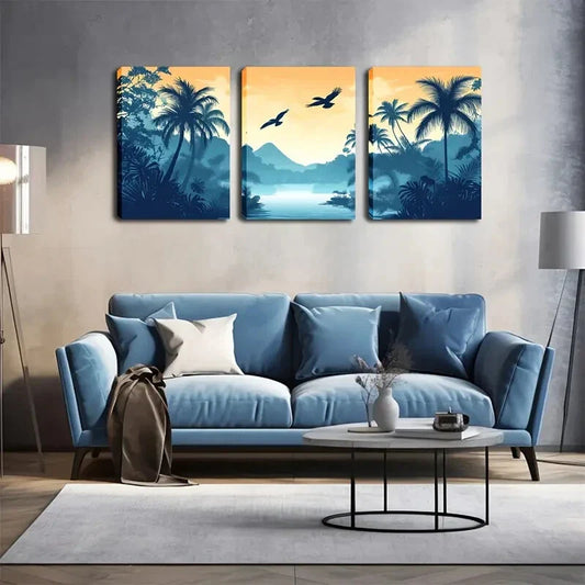 3pcs Coconut Trees Water Orange Sky Perfect Wall Art Set Canvas Framed 40x60cm - High Quality Print 100% Australian Made Wall Canvas Ready to Hang