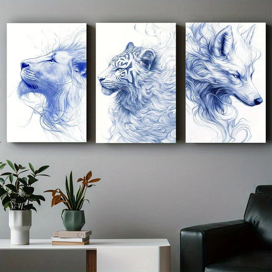 3pcs Abstract Blue Furry Beasts Animals Metal Print Ready to Hang Art