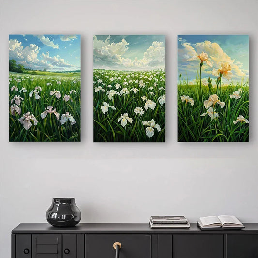 3pcs White Lily Fields And Cloud Sky Metal Print Ready to Hang Art
