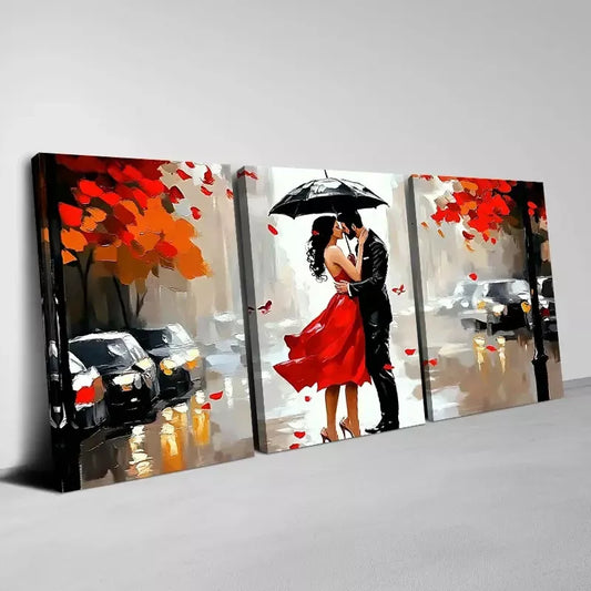 3pcs  Romantic Couple on Road with Umbrella Wall Art Set Canvas Framed 40x60cm - High Quality Print 100% Australian Made Wall Canvas Ready to Hang