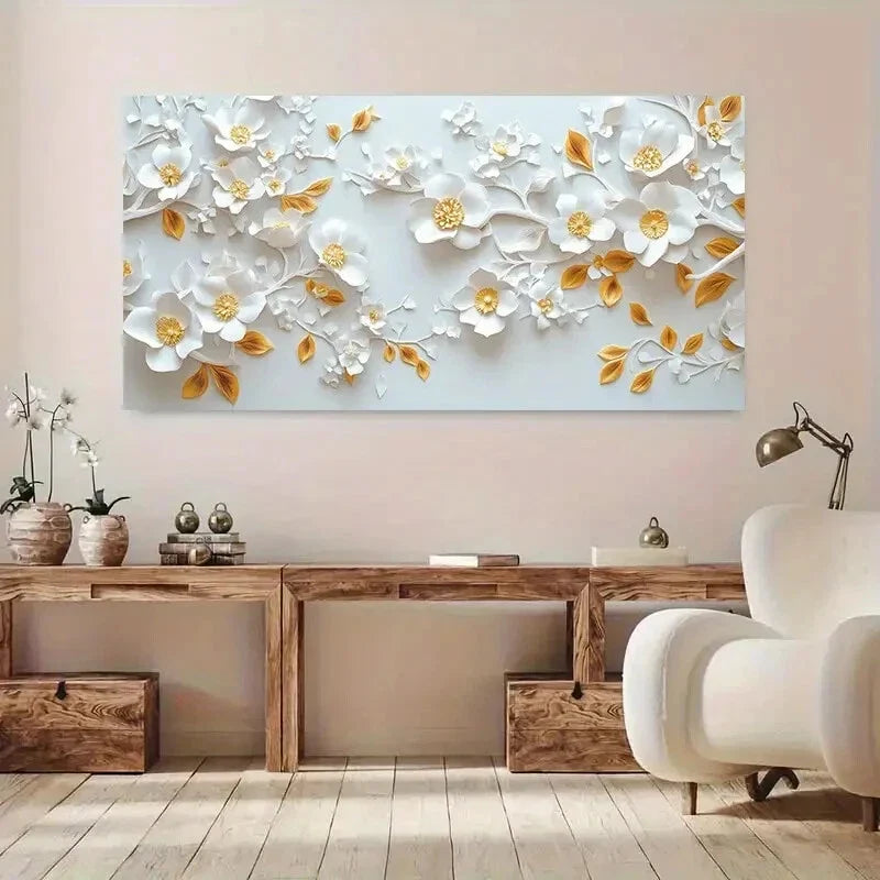 Botanic Gold White Flowers wall canvas office home room framed 120x60cm