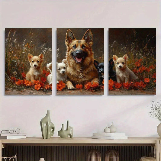 3pcs Dog Family German Shepherd & Puppies Metal Print Ready to Hang Art