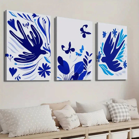 3pcs Vibrant Blue Flowers Birds & Butterflies Wall Art Set Canvas Framed 40x60cm - High Quality Print 100% Australian Made Wall Canvas Ready to Hang