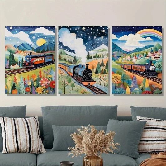 3pcs Beautiful Train Fields Cartoon Metal Print Ready to Hang Art