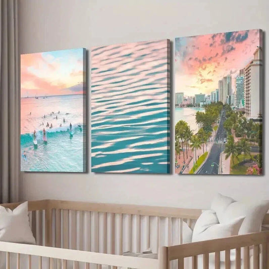 3pcs Surfing Sunset Ocean Waves Decor Wall Art Set Canvas Framed 40x60cm - High Quality Print 100% Australian Made Wall Canvas Ready to Hang