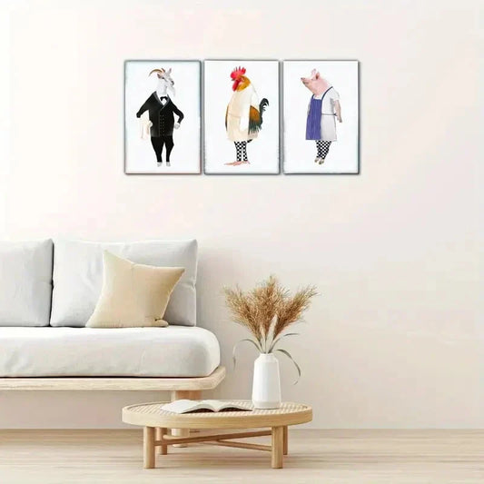 3pcs Goat Rooster Pig Animal Portrait Art Poster Metal Print Ready to Hang Art