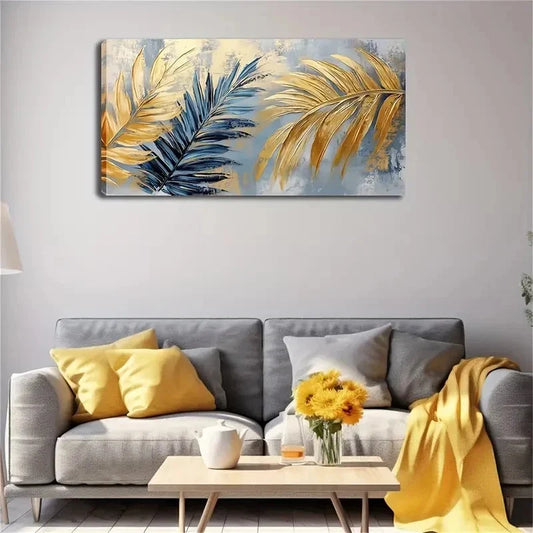 Golden & Blue Palm Leaves Wall Art canvas office home room framed 120x60cm