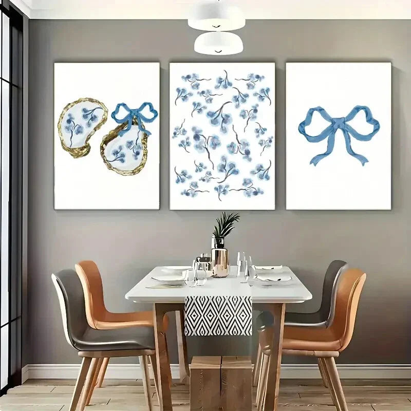 3pcs Elegant Blue Bow & Floral Metal Print Ready to Hang Art
