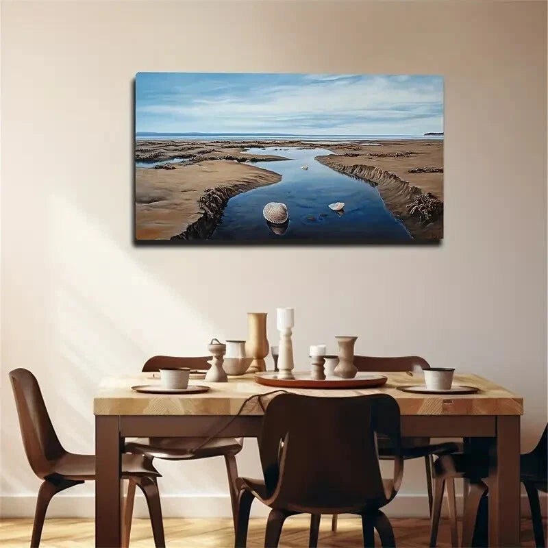 Serene Seaside Shells Puddles Wall Art Canvas Office Home Room Framed 120x60cm