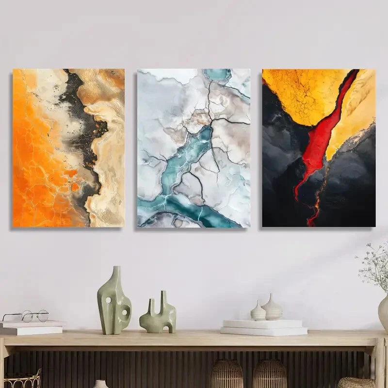 3pcs Marble Texture, Lava & Glacier Design Metal Print Ready to Hang Art