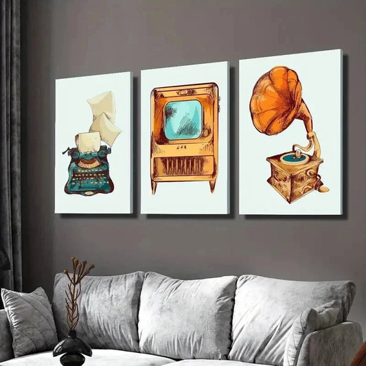 3pcs Old TV and Music Machine & Phonograph Wall Art Set Canvas Framed 40x60cm - High Quality Print 100% Australian Made Wall Canvas Ready to Hang