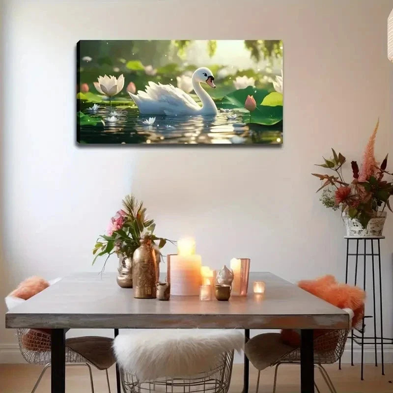 Elegant Swan Water With Lilies Wall Art Canvas Office Home Room Framed 120x60cm