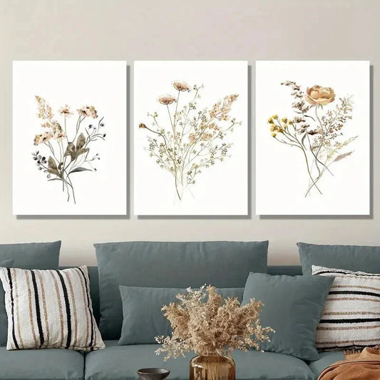 3pcs Wildflower Bouquets in Golden &amp; Black Ink Metal Print Ready to Hang Art