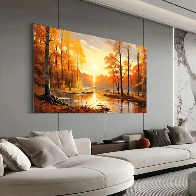 River Scene Trees & Sunset wall canvas office home room framed 120x60cm