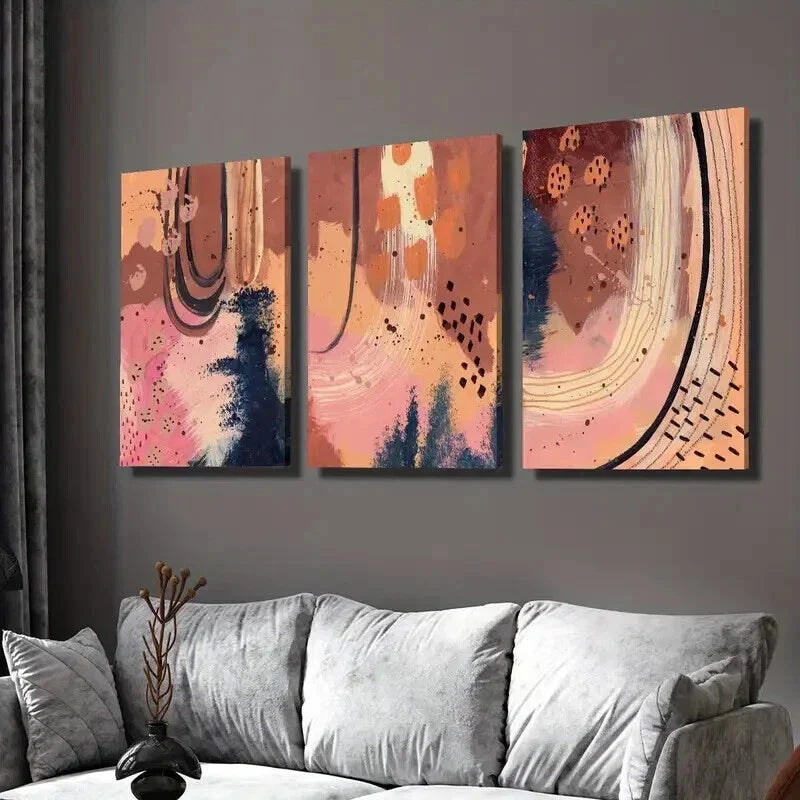 3pcs Orange & Pink Earth Tone Linear Design Wall Art Set Canvas Framed 40x60cm - High Quality Print 100% Australian Made Wall Canvas Ready to Hang