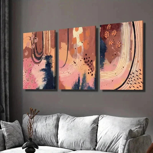 3pcs Orange & Pink Earth Tone Linear Design Wall Art Set Canvas Framed 40x60cm - High Quality Print 100% Australian Made Wall Canvas Ready to Hang