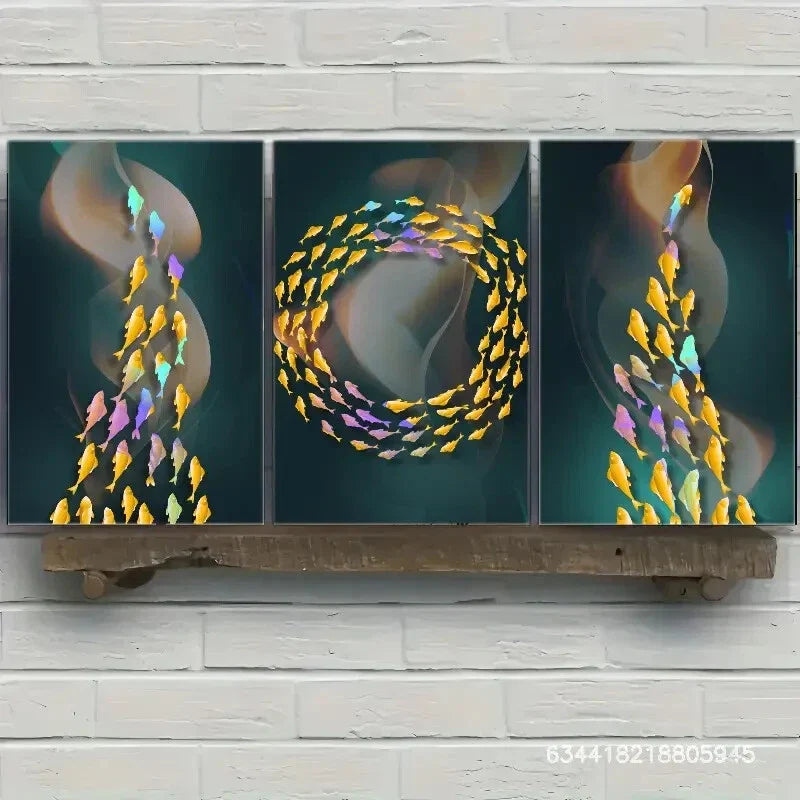 3pcs Golden fish decorative pattern, marine animal Metal Print Ready to Hang Art
