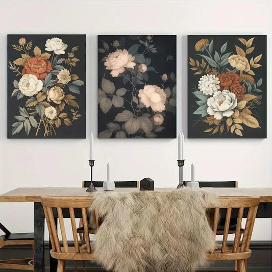 3pcs Abstract Flowers Golden Leaves Red & White Metal Print Ready to Hang Art