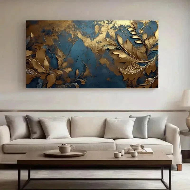 Blue & Golden Leaf Pattern wall canvas office home room framed 120x60cm
