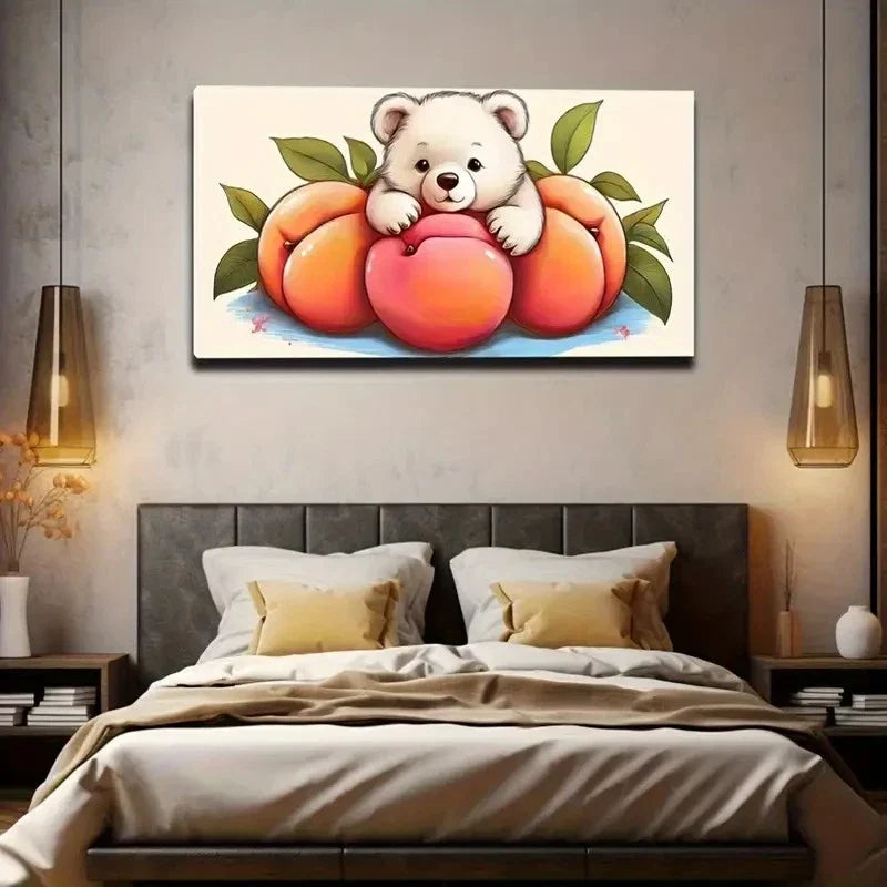 Charming Bear & Peach Wall Art Canvas Office Home Room Framed 80x45cm