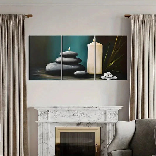 3pcs Serene Candle Stones Floral Metal Print Ready to Hang Art