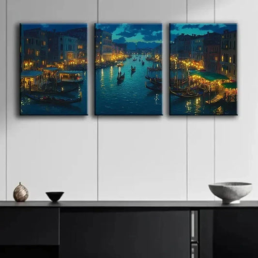 3pcs Venice's Grand Canal at Night Dark Perfect Wall Art Set Canvas Framed 40x60cm - High Quality Print 100% Australian Made Wall Canvas Ready to Hang