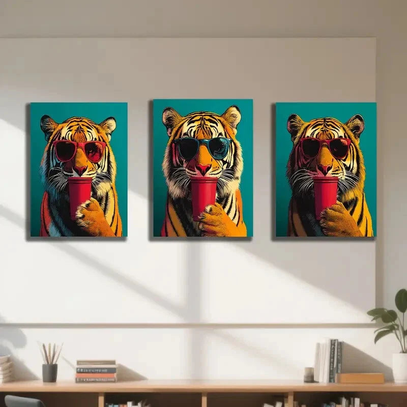 3pcs Vibrant Tiger with Fashion Glasses & Red C Metal Print Ready to Hang Art
