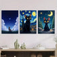 3pcs Starry Night Cat Triptych Vibrant Black Cat Wall Art Set Canvas Framed 40x60cm - High Quality Print 100% Australian Made Wall Canvas Ready to Hang