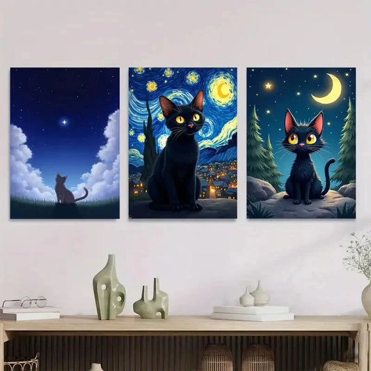 3pcs Starry Night Cat Triptych Vibrant Black Cat Wall Art Set Canvas Framed 40x60cm - High Quality Print 100% Australian Made Wall Canvas Ready to Hang