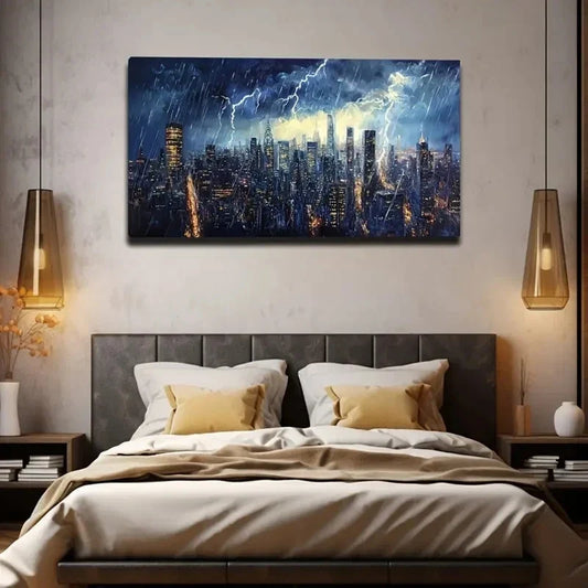 Lightning Storm Rainy Cityscape Wall Art Canvas Office Home Room Framed 80x45cm