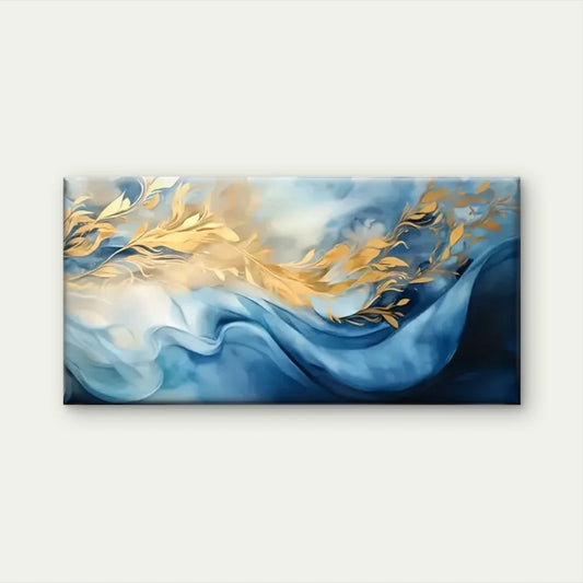 Blue & Golden Floral Waves Wall Art Canvas Office Home Room Framed 80x45cm