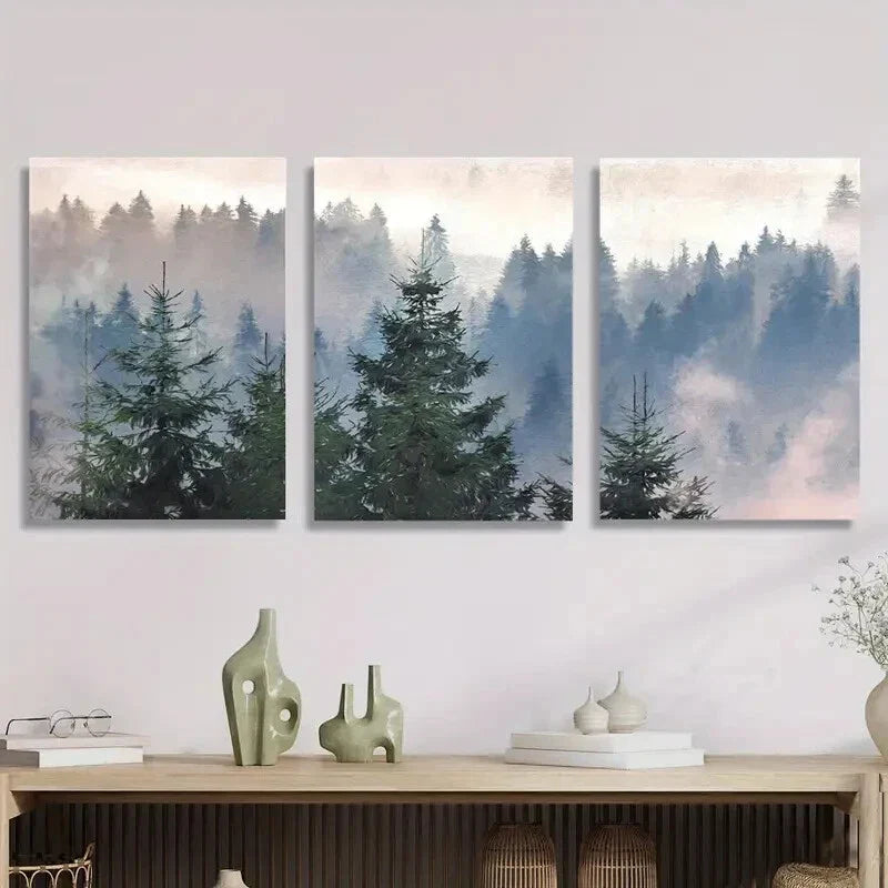 3pcs Misty mountain forest, forest art, Metal Print Ready to Hang Art