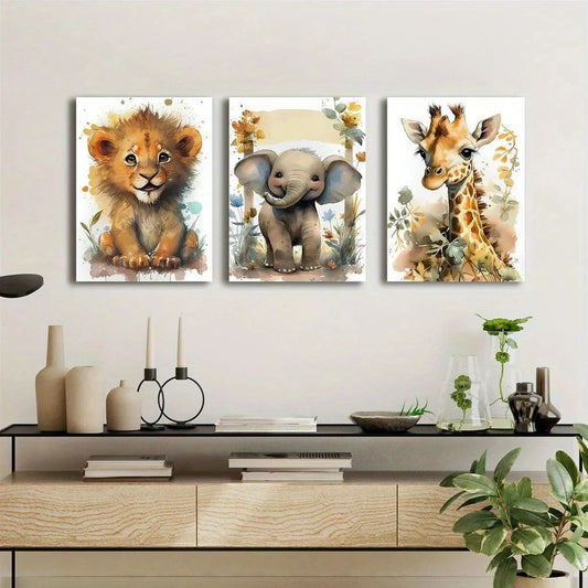 3pcs Animals Lion Elephant Giraffe Metal Print Ready to Hang Art