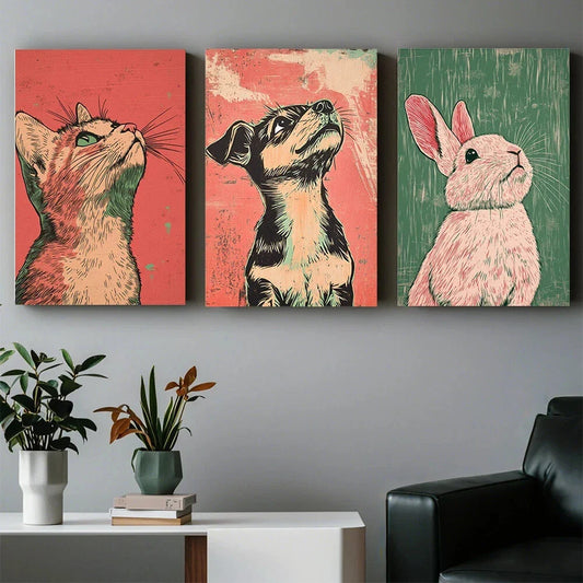 3pcs Cats Dogs and Rabbits Gazing Animal Metal Print Ready to Hang Art